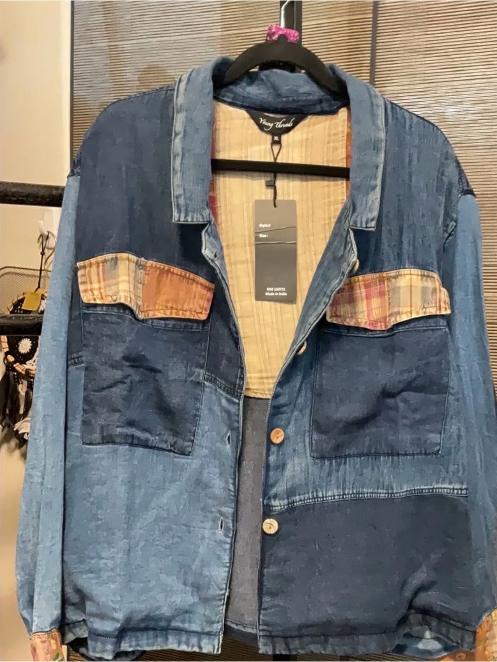 NEW Young Threads Vintage-Inspired Patchwork Denim Jacket boho hippie sz XL